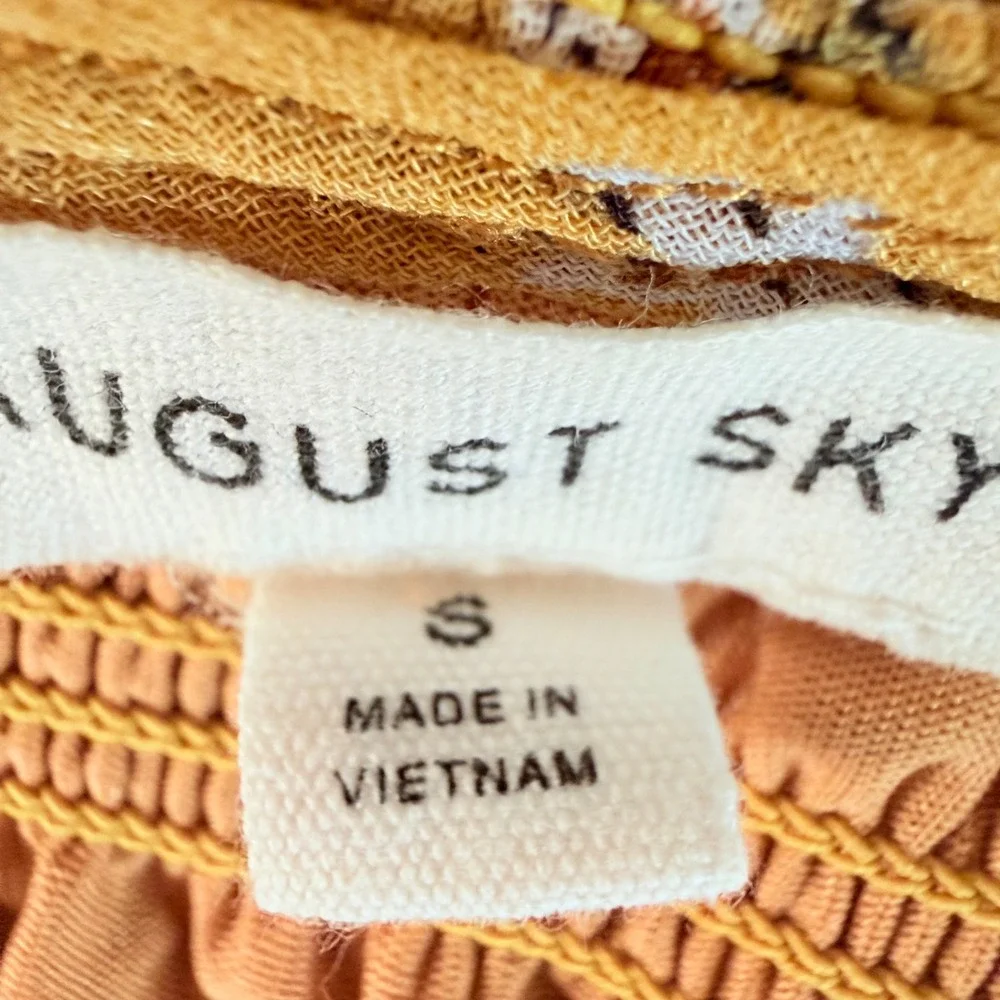 August Sky Mustard Yellow Floral Smocked Tiered Midi Dress Small Long Sleeve - Picture 8 of 13